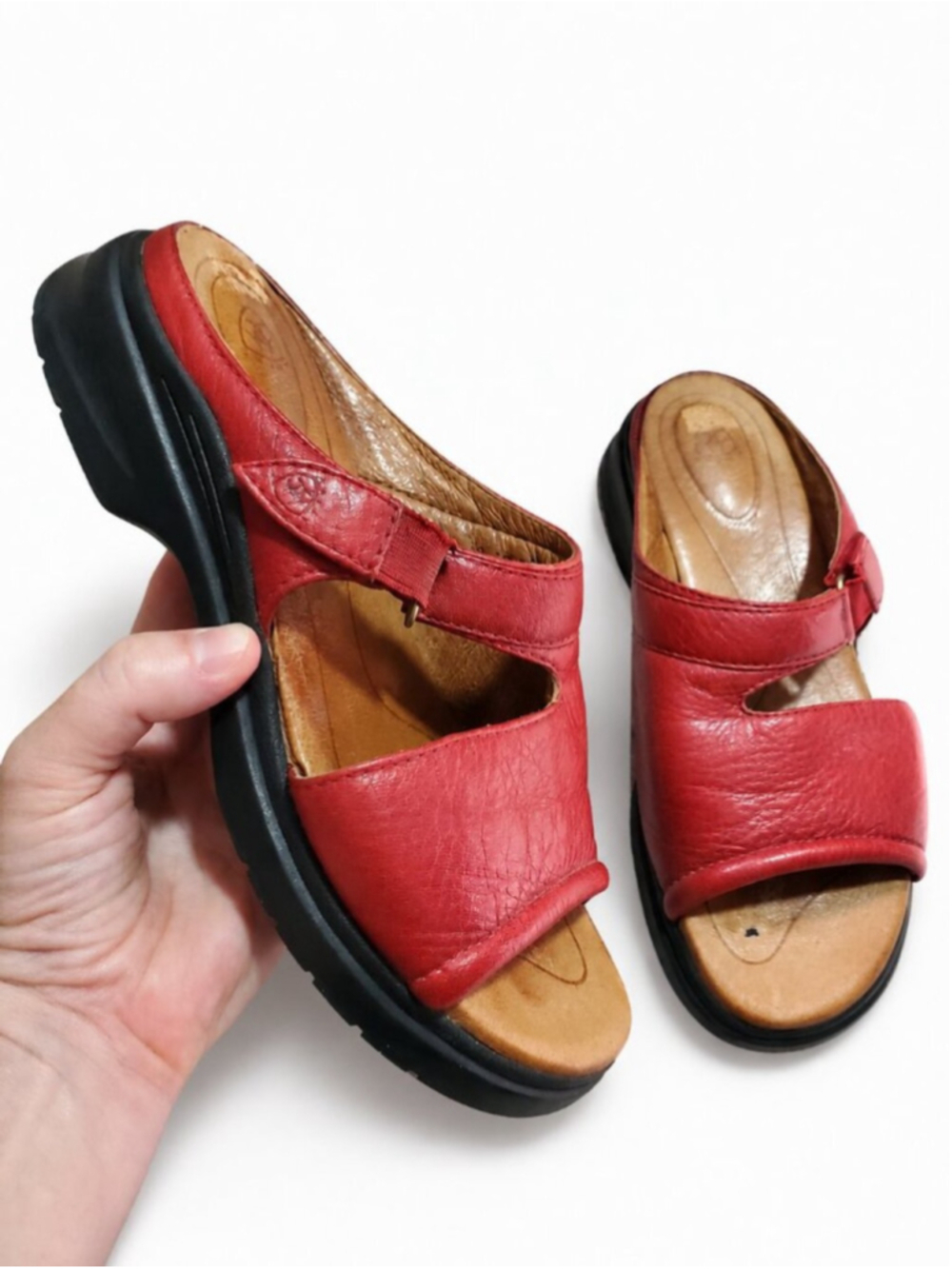 ARIAT Leather Sandals Red Sz 7.5 Slide-On Double Strap Comfort Summer Western